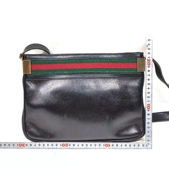 Auth Old Vintage Gucci Black Polished Leather Sherry Line Web Shoulder Bag - Picture 2 of 9